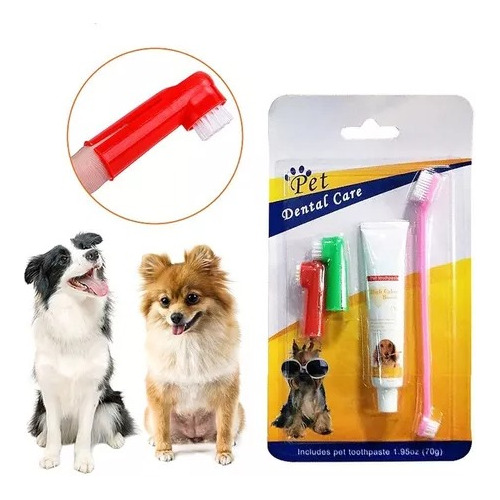 Pasta Dental Perros Gatos Cepillo Doble Sarro Masajeador Kit