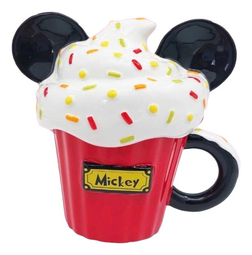 Taza Con Tapa Disney 3d Cerámica Coleccionable Mickey Cupcake