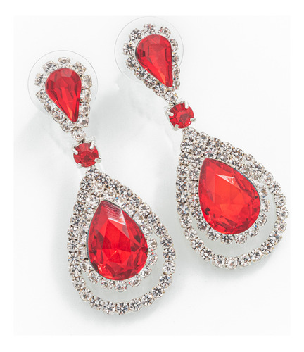 Aros Piedras Strass Premium Rojo Y Plateado. Joyas