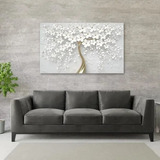Quadro Cerejeira Branca Abstrato Dourado  Em Canvas