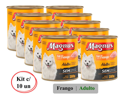 Kit 10 Lata Magnus Patê Cão Adulto Frango Alimento Completo