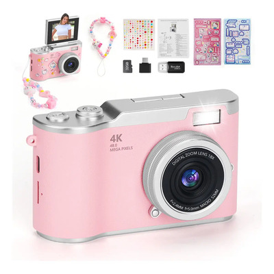 Cámara Digital Full Hd 4k Con Pantalla Lcd Giratoria De 180 Grados Flash Color Rosa Camaras Digitales Dsc Camara Fotografica Niños + 32gb Tarjeta + 1 Collar Colgante De Gatito + 3 Pegatinas Para Diy | Envío gratis