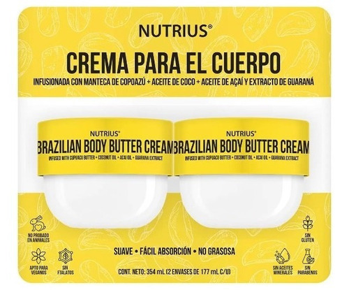  Nutrius Crema Brasileña Para El Cuerpo 2 Pzas De 177ml