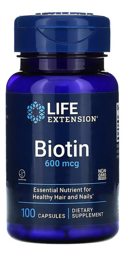 Life Extension, Biotina 600 Mcg, Cabello Y Uñas 100 Caps Sfn Sin Sabor