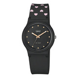 Reloj Q&q Análogo Malla De Pvc Negro Con Corazones Rosa Febo