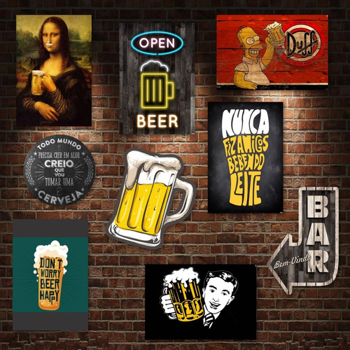 9 Placas Decorativas Em Mdf - Bebidas Retrô  - Kit Bar