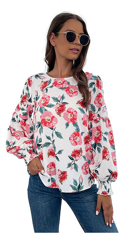 Camisa Blanca Holgada De Mujer Con Estampado Floral