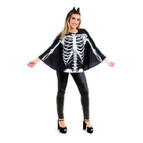 Fantasia Poncho Esqueletinha De Halloween Adulta Com Tiara