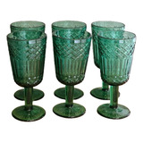 Set X6 Copas Verde De Vidrio Labradas Talladas