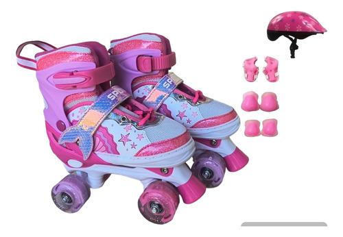 Patins Quad Top Tam./ajustável + Kit Proteção Rodinhas Led