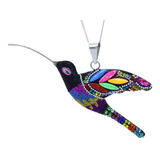 Hermoso Colibrí Multicolor De Plata Con Aretes Y Cadena