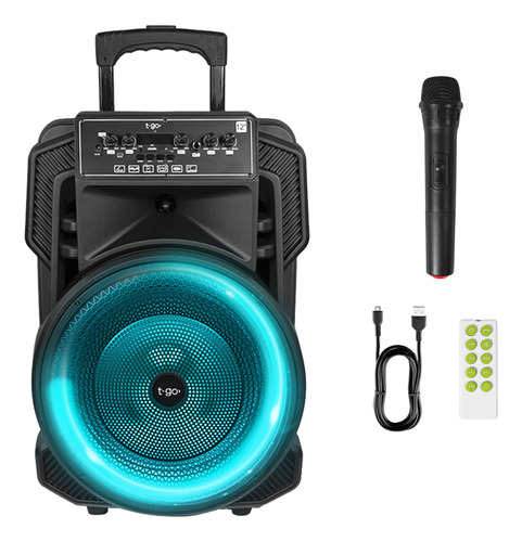 Parlante T-go Sp1210 Portatil Grande Potenciado Bluetooth Woofer 12 Pulgadas 6450wts Con Ruedas Radio Fm Usb + Micrófono Inalambrico + Control Remoto