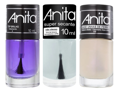 Kit Esmalte Anita Top Brilho + Super Secante + Unhas Ferro