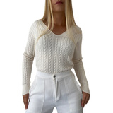 Blusa Tricot Modal Trançada Decote V Inverno