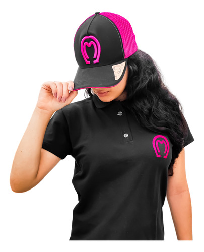 Camisa Polo Feminina Preta + Boné Rosa Pra Cavalgada Amazona