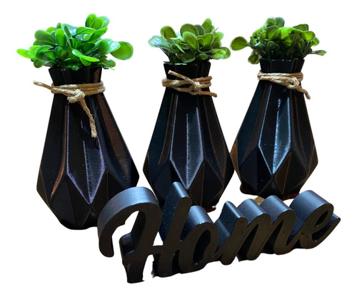  3 Mini Vasos Com Plantas Artificiais E Letreiro Decoração