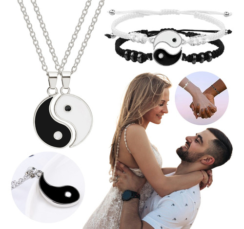 Set Pulseras Pareja De Yin Yang+collar Ajustable,amor Eterno