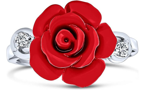 Bling Jewelry Anillo Declaracion Rosa Tallada Roja Flor Cz P