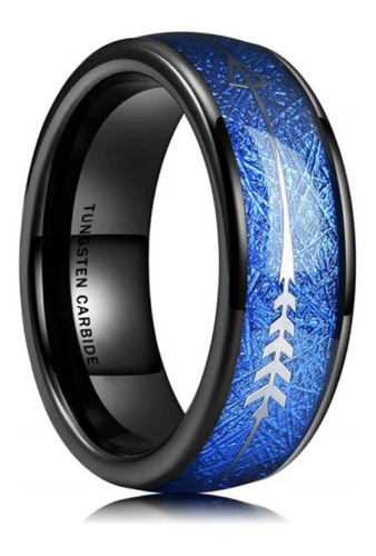 Anel Flecha Azul Tungstênio Madeira 8mm Masculino Feminino