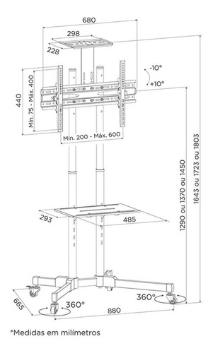 Pedestal Tv Rodízios 3 Níveis De Regulagem De Altura 32 A 70