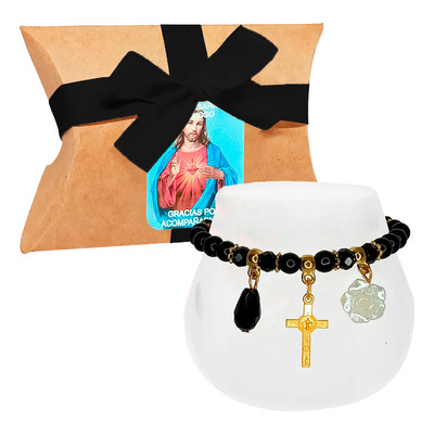 12 Pulseras Perlas En Negro Dije Cruz Aniversario Luctuoso | Envío gratis