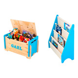 Kit Caixa De Brinquedos Com Nome + Rack Para Livros Azul
