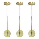 Kit 3 Pendente Lux Dourado Globo Vidro Âmbar + Led Branco Quente