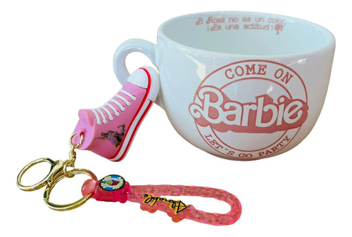 Taza Tazón Barbie + Llavero 3d Goma Mosquetón-muñequera