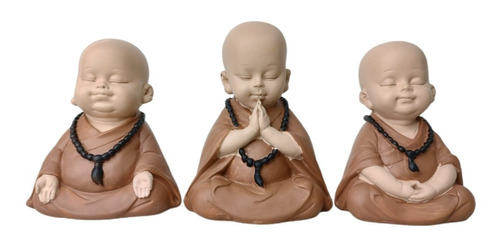 Trio Monge Criança Três Budas Bebê Marrom Em Resina Bege