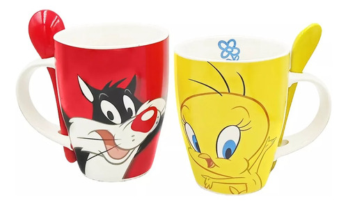 2 Tazas  Disney De Piolín Y Silvestre Con 2 Cucharas  