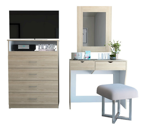 Mueble De Tocador + Espejo + Comoda 4c - Rovere / Blanco