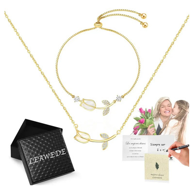 Leawede 2pzs Collar Y Pulseras Tulipán Oro Regalos Para Mujer Y Dama,collares para mujer,dijes para pulseras,Regalo para el Día de la Madre, regalo para mamá,regalos de graduacion | Envío gratis