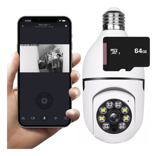 Câmera Lâmpada Segurança Wifi Ip Visão Noturna + Cartão 64gb