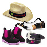 Kit Bota Menina Infantil + Chapeu + Cinto + Berrante Country