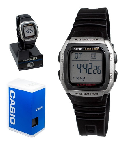 Reloj Casio Clasico Unisex W96 Negro Digital Números Grandes Color Del Bisel Plateado