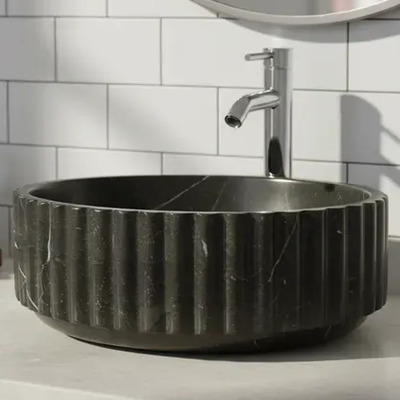 Lavabo Ovalin Mármol Ónix Redondo Fuste Lujo Moderno 40cm Negro Monterrey Pulido