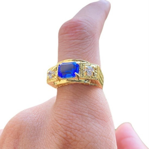 Anel Ouro 18k Masculino Pedra Azul Dedeira Brilhante Banhado