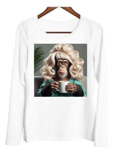 Remera Mujer Ml Mono Peluca Rubia Tomando Coffee