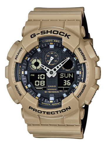 Reloj De Pulsera Casio G-shock Ga100 De Cuerpo Color Beige, Analógico-digital, Para Hombre, Fondo Negro, Con Correa De Resina Color Beige Y Negro, Agujas Color Blanco, Dial Gris Y Amarillo, Subesferas