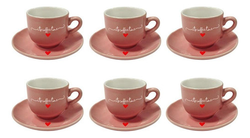 Jogo 6 Xícaras De Café Rosa Coração Porcelana Hauskraft 90ml