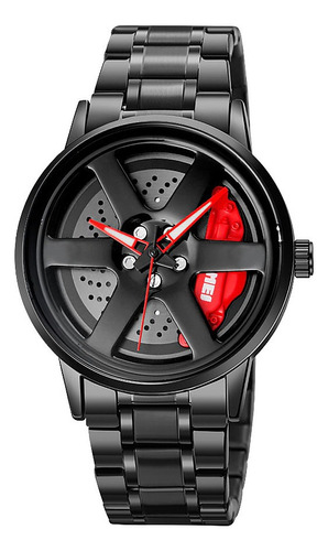 Reloj Hombre Skmei 1824 Acero Minimalista Elegante Llanta Malla Negro Bisel Negro Fondo Rojo