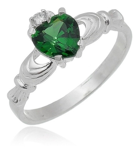 Anel Solitário Claddagh Turmalina Verde Prata 925 Kl Mod 02