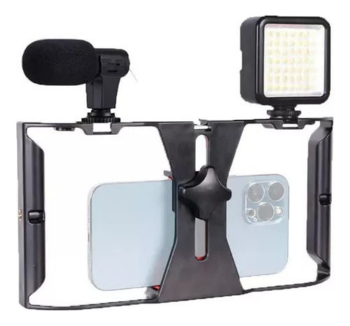 Kit Soporte Estabilizador Celular + Luz 49 Leds + Micrófono 