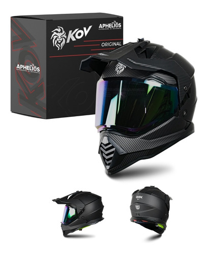 Casco Doble Proposito Cerrado Kov Original Onix Carbon Negro