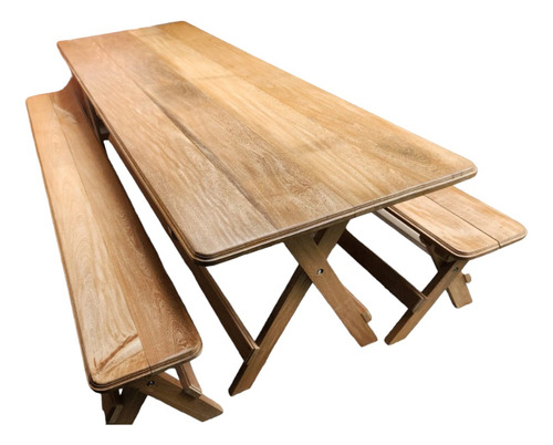 Mesa Con Par De Bancas Plegables, 100% Madera De Roble