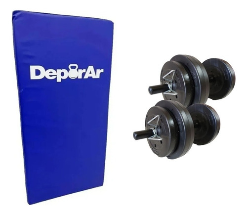 Kit Set Mancuernas + 14 Kg En Discos + Colchoneta 100x45 Gym Color Azul