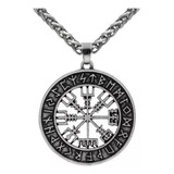 Dije Runas Brújula Vikinga Vegvisir Nórdico Acero Cadena Color Acero Pavonado