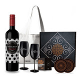 Box Set Vino Santa Julia Dulce Malbec 2 Copas Negras Grabada