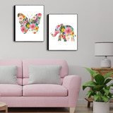 Set De 2 Cuadros De Elefante Y Mariposa Con Flores. 