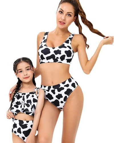 Bikini Clásico Con Estampado De Dama Y Hija Leopardo Liso